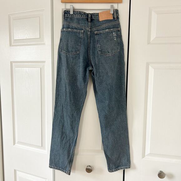 Zara Blue Distressed High Rise Mom Jeans Ripped Knees EUC Size 4 - Picture 7 of 7